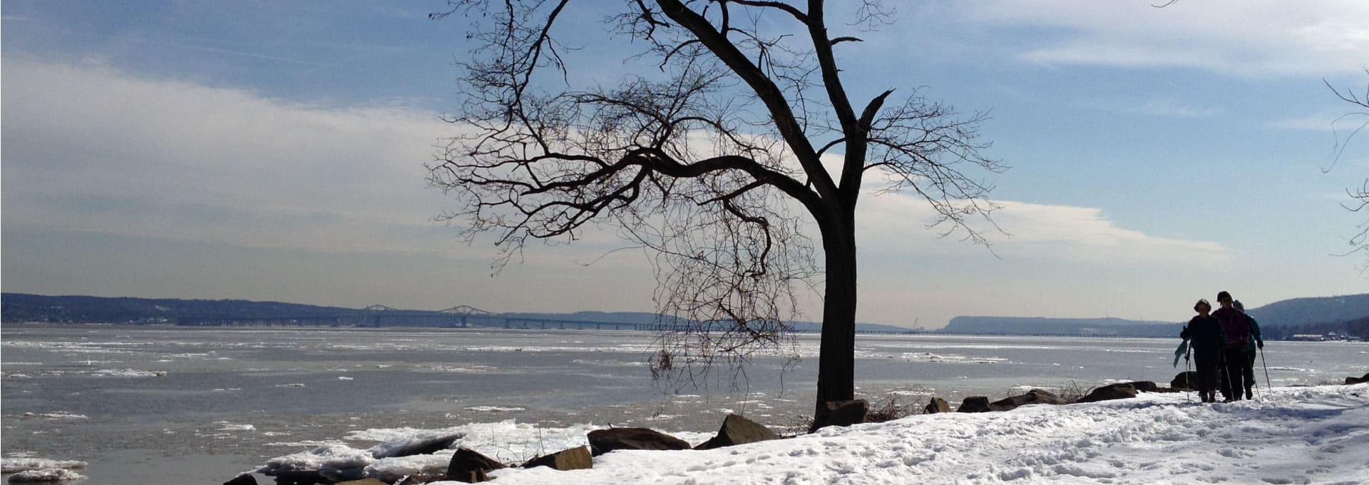 Shoeshoers on a wintry shoreline